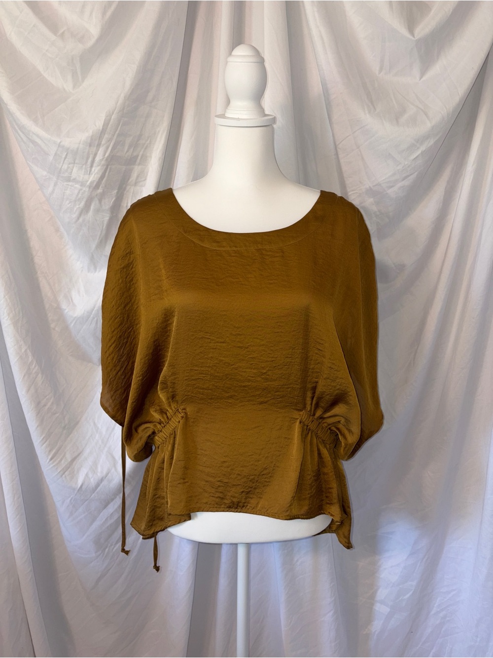 Drawstring Waist Satin Blouse in Mustard Brown